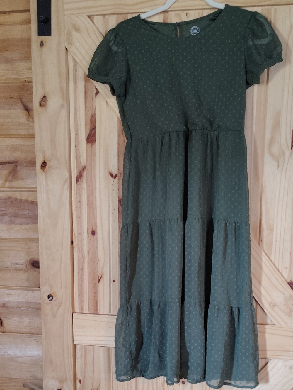 wonder nation Olive Green Tiered Midi Dress with Puff Sleeves